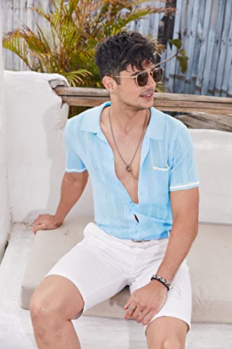 COOFANDY Camisa Polo para Hombre de Manga Corta Casual para Vacaciones en la Playa Azul Claro miniatura 5