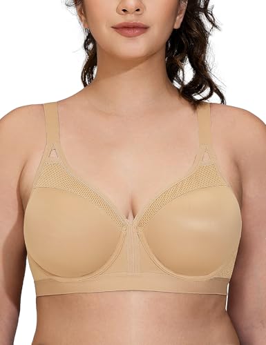 ZeroBound Women's Sports Bra High Impact Lightly Lined Underwire V Neck Full Figure Running Workout Bras (Deep Nude, 36C)