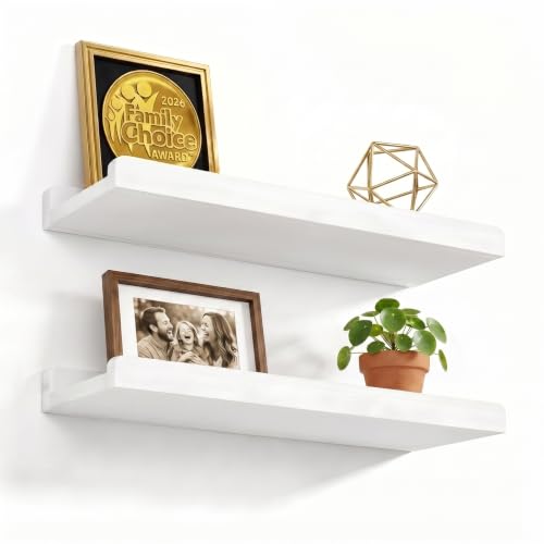 Love-KANKEI 17' White Floating Wall Shelves with Lip,Solid Wood,Set of 2