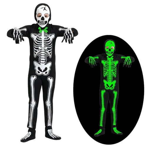 ZZXLOPEZ Costume Scheletro dei Bambini, Costume da Scheletro Fosforescente con Maschera Teschio e Guanti e Copripiedi,...