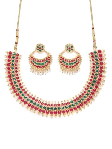 Juego de joyas Jadau Kundan con gargantilla y pendientes de oro rojo y verde