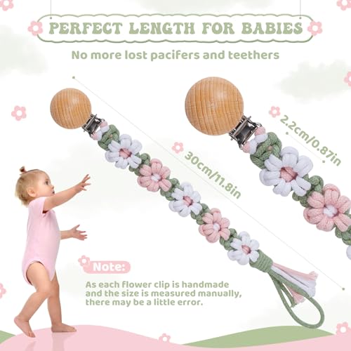 Image of Pacifier Clip for Boys Girls Floral Daisy Macrame Baby Paci Clip Pacifier Holder Leash Boho Wooden Clips Handmade Braided Cotton Binky Clips (2pack:Misty Rose & Green Daisy)