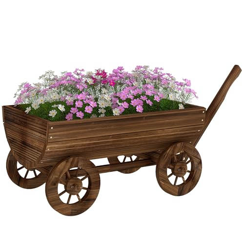 Outsunny Wooden Wagon Planter Box Mobile Garden Planter with 4 Wheels and Handle Small Wheelbarrow Wagon Flower Cart with Drainage Hole for Outdoor Patio Garden Balcony