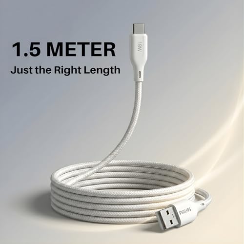 Image of PHILIPS DLC4150AW /94 18W Type-A to Type-C Fast Charging Cable (1.5m, Bright White) | Nylon Braided | Compatible with iPhone 15+ Series, USB-C iPad Models, Samsung Galaxy & All Type C Devices