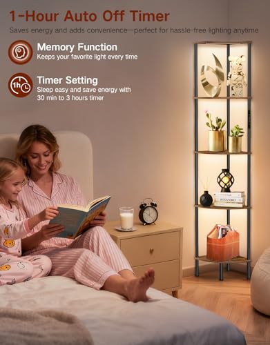 Miniatura 5 de Librería Esquinera con Luz LED Integrada, 3 Tonos de Luz, Regulable por Tacto y Mando a Distancia, Lámpara de Pie Alta con 5 Niveles para Sala de Estar, Dormitorio y Oficina