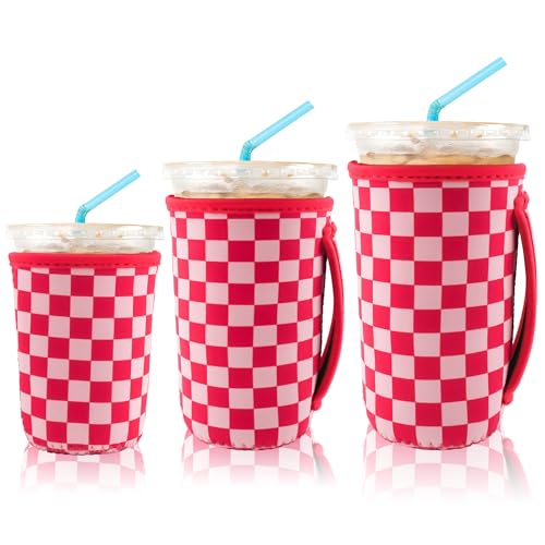 Image of KJQJLY 3 Pack Reusable Iced Coffee Sleeves for Iced Coffee Cups or Drinks Reusable Neoprene Insulated Sleeves for Hot and Cold Drinks from Starbucks, Dunkin, And More (Pink Grid)