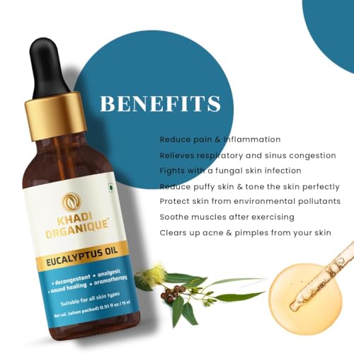 Image of Khadi Organique Eucalyptus Essential Oil | Natural Therapeutic Grade | Reduces Acne, Inflammation & Skin Irritation | Aromatherapy, Diffuser & Massage Oil for Relaxation & Glowing Skin - 15ml