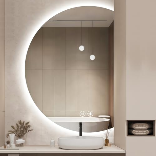 Led Mirror for Bathroom, 40"×28" Half Moon Round Backlit Lighted