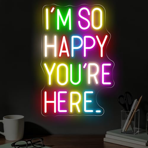 Image of I'm So Happy You're Here Neon Sign Positive Affirmation LED Sign | USB Powered Dimmable Neon Light for Bedroom Classroom Backdrop Decor Aesthetic 16.5 inchx10.8 inch