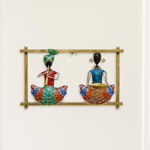 Image of SHREE 'O' GREEN TECH - Metal Multicolor Musician Couple Wall Hanging Rajasthani Lady Sardar Decorative Showpiece Art Frame
