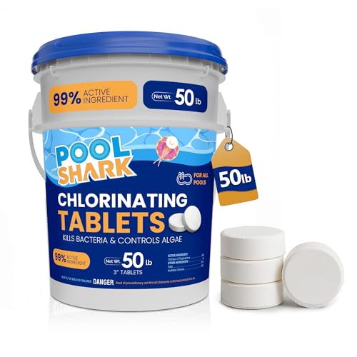 Image of Pool Shark Swimming Pool Chlorine Tablets - 3-Inch Chlorine Tablets - Slow-Dissolving 90% Active Chlorine Tabs - Pool Chemicals for Inground Pools, Above Ground Pools, Saltwater, Spa, Hot Tub (50 lbs)