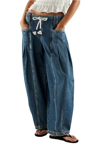 Women Barrel Jeans Pull-On Denim Elastic Waist Boyfriend Y2K Baggy Wide Leg Pants with Drawstring