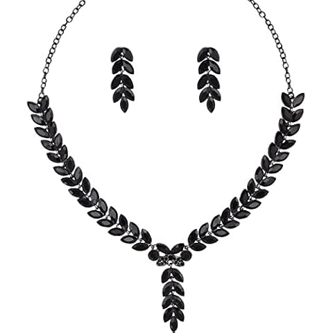 QYJ Bridal Bridesmaid Austrian Crystal Elegant V-Shaped Necklace Dangle Earring Sets for Wedding Party Prom (Black-Gun Black) Cover