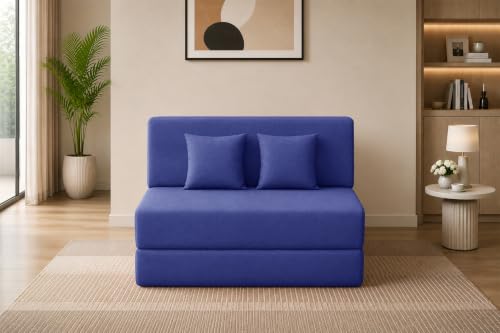 Image of Los Angeles Foldable Two Seater Sofa Cum Bed, Sofa Bed 4 X 6 Feet Jute Fabric Washable Cover Including Two Cushion Perfect for Living Room & Office,Guest Room - Blue Color