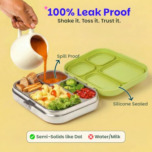 Image of Basil Bento Box Quad - 4 Compartment Stainless Steel Lunch Box with BPA-Free Plastic Lid | 800 ml Leak-Proof Tiffin Box for Kids & Adults | Premium School, Office, Lunch Box - Mushroom Trail