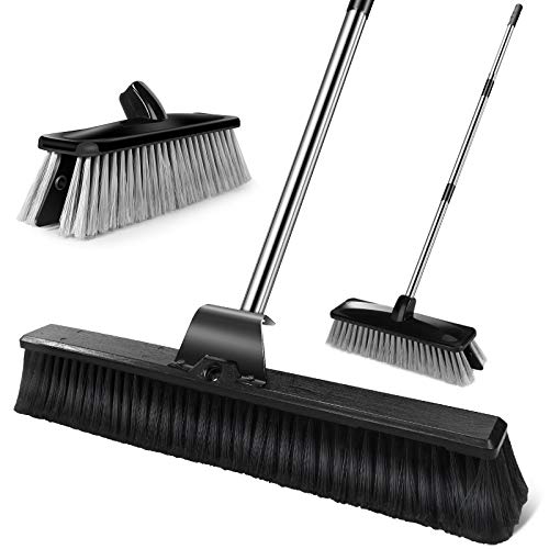 Mastertop Upgrade 24" Push Broom & 12" Broom Head, Floor Scrub Brush, Garage Heavy Duty Broom With Stiff Bristles, 57.6 Inch Stainless Steel Long Handle, Yard Patio Decks Cleaning #TOP19