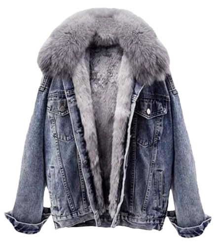 Ownwfeat Warme Damen-Jeansjacke Mit Pelzkragen