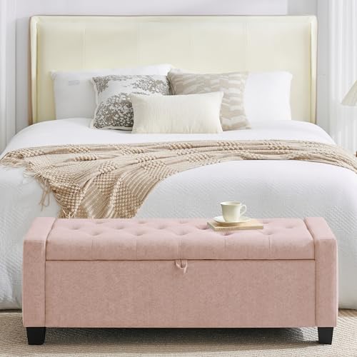 Image of Huatean Home 43 inch Ottoman with Storage, Pink Storage Ottoman Bench with Safety Hinge, Upholstered Entryway Bench with Seating for Bedroom, Living Room, Holds up to 330 lb