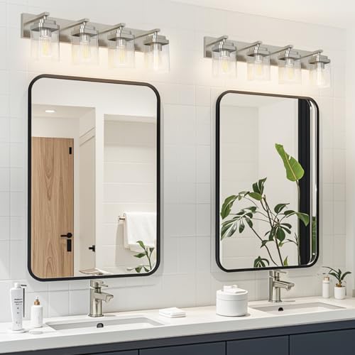 Image of Brushed Nickel Bathroom Light Fixtures, 4 Lights Bathroom Lighting Fixtures Over Mirror, Square Design & Rectangle Large Backplate, Modern Vanity Lighting Fixtures, for Living Room /Bedroom