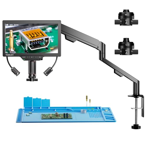 TOMLOV 3D Digital Microscope for Soldering: Magnetic Dual Lens Micro Scope TM3K-3D for Adult Coin Microscope with Flex Arm 3K 7-Inch IPS Screen HDMI/USB Output Gooseneck Light Repair Mat 16GB