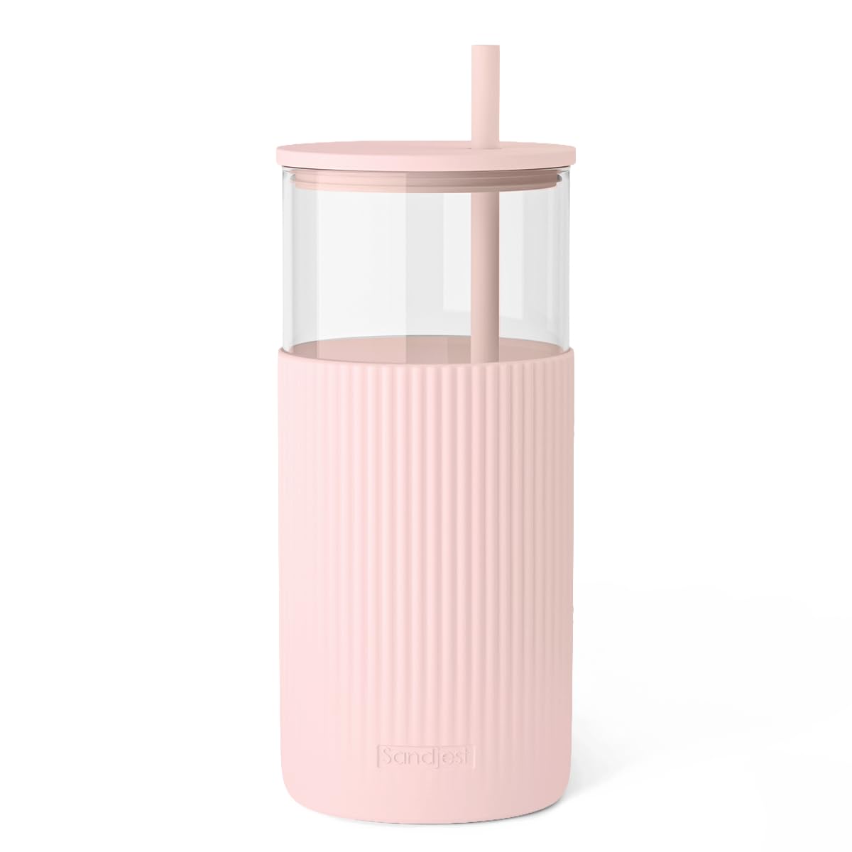 SANDJEST Glass Water Bottle with Silicone Sleeve 20oz, Glass Tumbler with Straw and Lid, Smoothie and Iced Coffee Cup, Gifts for Women Teen Girls Birthday Christmas (Dusty Pink)