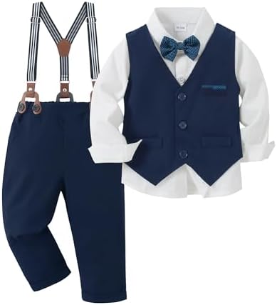 Amissz Baby Anzug Junge Hochzeit 1-5 Jahre Bekleidungssets für Jungen, Taufanzug Junge Langarm Hemd + Hosenträger + Weste + Fliege Festliche Kindermode Taufbekleidung für Baby-Jung