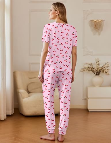 Image of Ekouaer Pajamas for Women Set 2 Pack Lounge Set Short Sleeve Pjs Joggers Long Pants Loungepwear with Pockets
