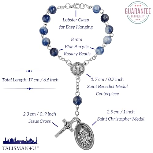 TALISMAN4U Saint Benedict One Decade Rosary for Car Rearview Mirror St Christopher Medal 8mm Glass Prayer Beads Catholic Evil Protection Auto Rosary Bracelet for Women Men2