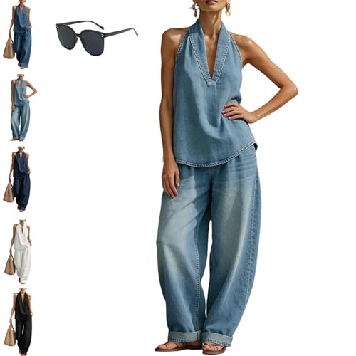 Women's Fashion Halter Denim Sets, Halter Neck Top and High