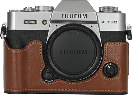 BMAOLLONGB X-T30 III/II Case Handmade PU Leather Half Camera Case Bag Cover Bottom Opening Version for Fujifilm XT30 X-T30 III/II With Neck Strap Mini Box (Coffee)