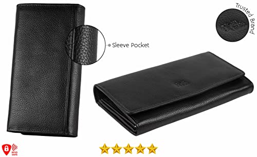 Image of Women's Top Grain Leather Wallet, RFID Blocking Bifold clutch, 17 Card Slots, Zip Pocket Organizer, Elegant Gift for Women - Birthday, Valentine, Anniversary - PEBBLES BLACK