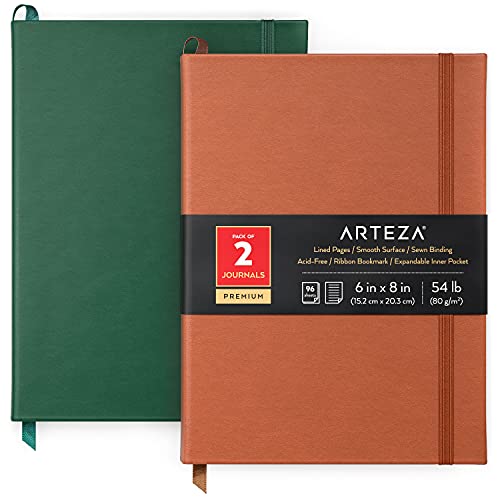 ARTEZA Cuaderno de Rayas, 15 x 20 cm [Set de 2, Verde Oscuro y Color Cuero], Pack Cuadernos de Dibujo, Diarios de Tapa Dura con Papel de Escribir a Rayas [96 Hojas]