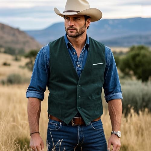 Image of Barry.Wang Mens Outdoor Corduroy Vests Vintage Western Cowboy Sleeveless V-neck Waistcoat Retro Casual Vest