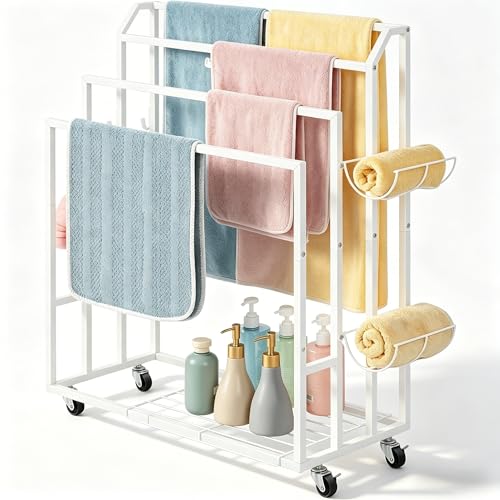 smusei Porte Serviette sur Pied à 4 Niveaux Porte Serviette Salle de Bain sur Pied avec Crochets Latéraux et Tablettes Porte-Serviettes de Salle de Bain pour...