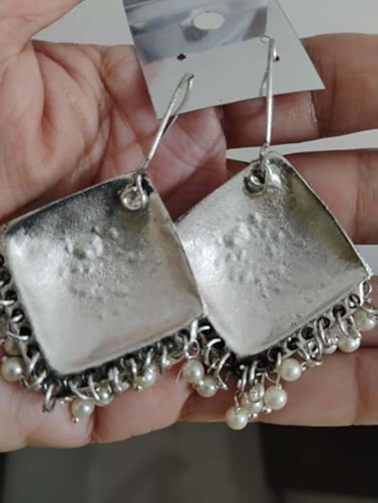 Women's Silver Oxidised Diamond Shape Jhumka Earrings