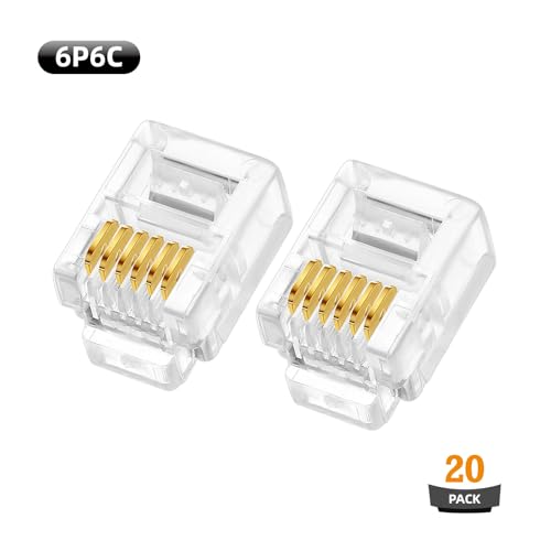 20PCS RJ12 Connector, 6P6C Modular Telephone Connector Plugs(with 3-pronged Contacts) for Solid or Stranded Phone Line Cord Conductors