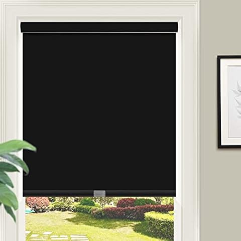 ZY Blinds Cordless Blackout Window Shades, Black Roller Shades with Metal Valance, UV Protection Enegry Saving Room Darkening Fabric Window Blinds for Windows, Doors, French Door, 28" W x 84" H Cover