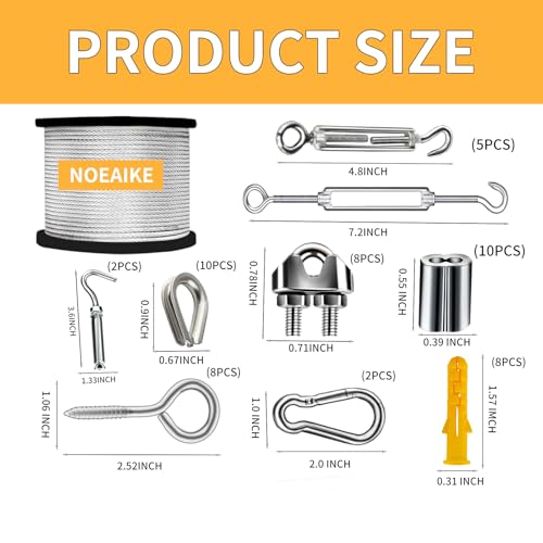 NOEAIKE Wire Rope Kit,165FT 1/8\" Vinyl Coated Stainless Steel Wire,Turnbuckles for Cables,Metal Wires for Garden Outdoor String Lights Hanging,Clothes Line Cable - Thumbnail 2