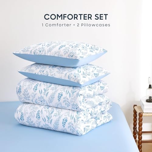 Image of Wake In Cloud - Floral Comforter Set, Botanical Vintage Flower Coquette Cottagecore Aesthetic for Women Teen Girls, Soft Lightweight Dorm Bedding, 3 Pieces, Blue, Full Size