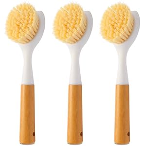 3 Pack Dish Brush Set with Bamboo Handle, Dish Scrubber Built-in Scraper, Kitchen Scrub Brush for Cleaning Cast Iron Cookware, Pans, Pots, Counter & Kitchen Sink (White)