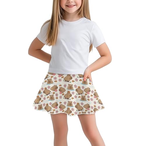 YEXIATODO Capybara 7/8 Girls Skirts Elastic Flared Tennis Skater Skirts with Built-in Shorts Athletic Skirt with Shorts Kids Active Flowy Teen Girls Fashion Skorts Sundress Playwear for School