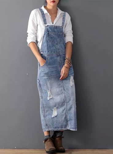 Image of loveimgs Women Distressed Denim Overall Dress Bib Long Jean Jumper Ripped Adjustable Straps Patchwork Pinafore Dress