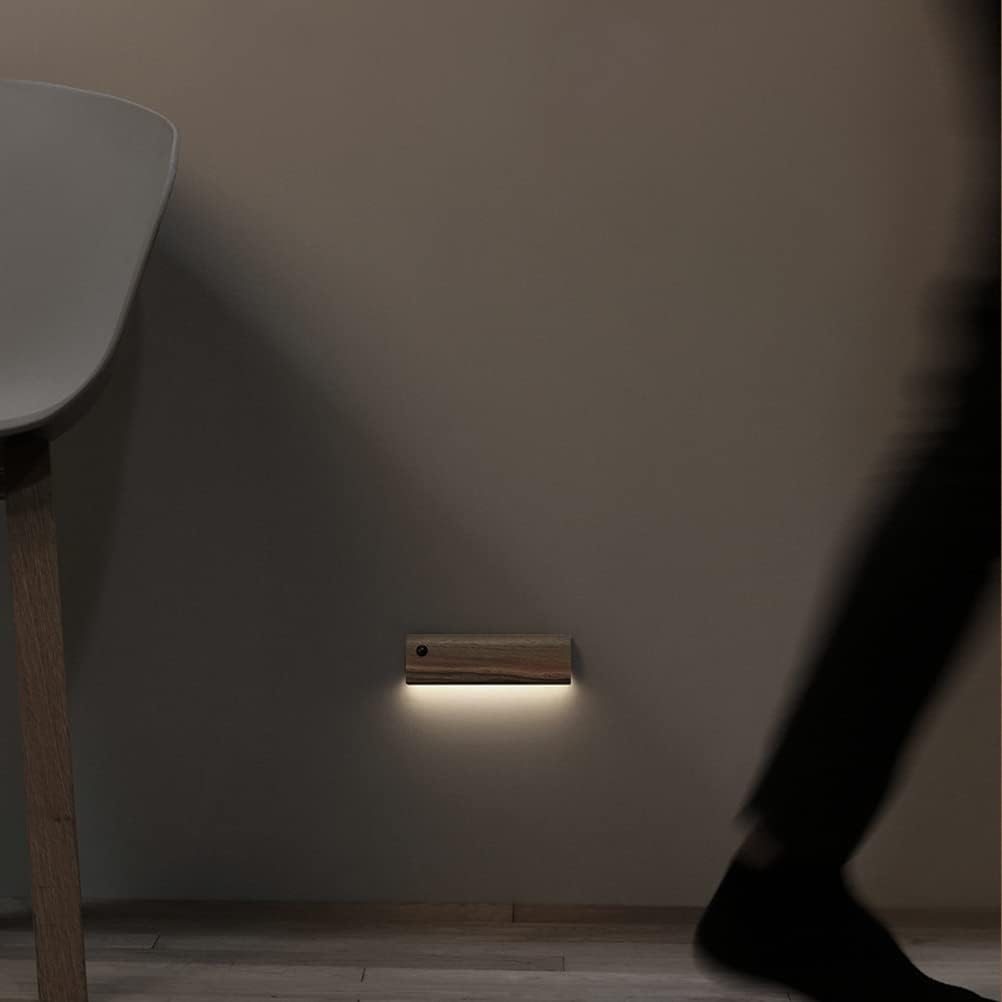 Lámpara de pared LED de madera interior con interruptor y detector de movimiento, luz blanca cálida de 3000 K, batería moderna, recargable por USB, lámpara de pared con imán de iluminación interior