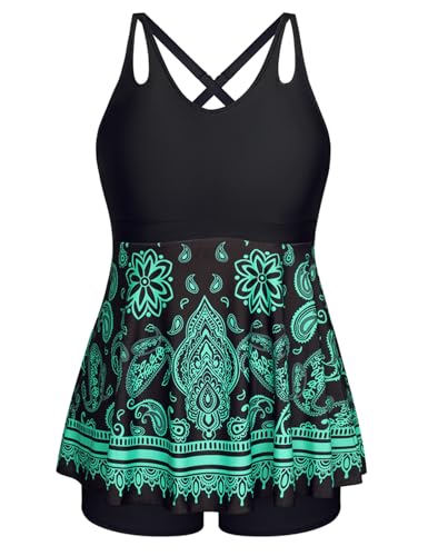 Hanna Nikole Women Plus Size Tankini Swimsuit Two Piece Bathing Suit Cross Back Cutout Flowy Swim Top with Boy Shorts Green Paisley 18Plus