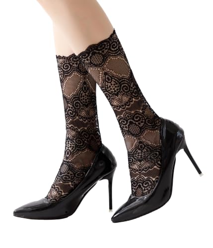 Image of Womens Lace Cotton Socks Transparent Mesh Ruffle Dress Calf Socks