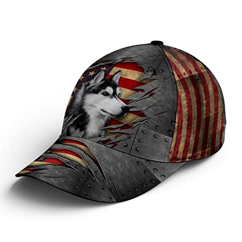 494 Basecap Siberian Husky Hund Amerikanische Flagge Crack Metal Baseball Mütze Outdoor Baseball Cap Sport Baseballkappe Für Herren, Damen, Running
