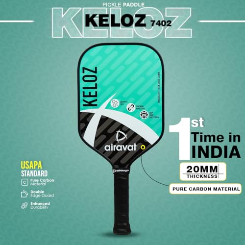 Image of Airavat KELOZ 7402 20MM Professional Pickleball Paddle, Carbon Fibre, Lightweight, Comfort Cushion Grip, Max Spin & Control, Pickleball Paddle with Bag (Cyan Color). USAPA Standard