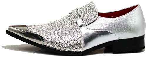 Image of Enzo Romeo Crisino Men Rhinestone Chrome Toe Suede Pointy Buckle Dress Loafer Slip On Shoes (Silver 03, US Footwear Size System, Adult, Men, Numeric, Medium, 11)