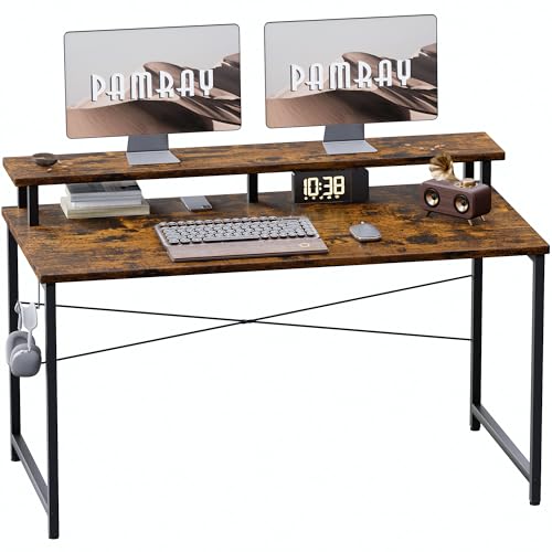 Image of Pamray 47 Inch Small Computer Desk with Monitor Stand, Simple Office Desk with Headphone Hook for Small Spaces, Kids Study Writing Table for Bedroom, Vintage