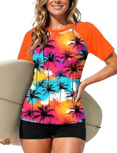 Image of AOBUTE Women Short Sleeve Rash Guard UPF 50+ Tropical Sun Protection Floral Swim Shirts